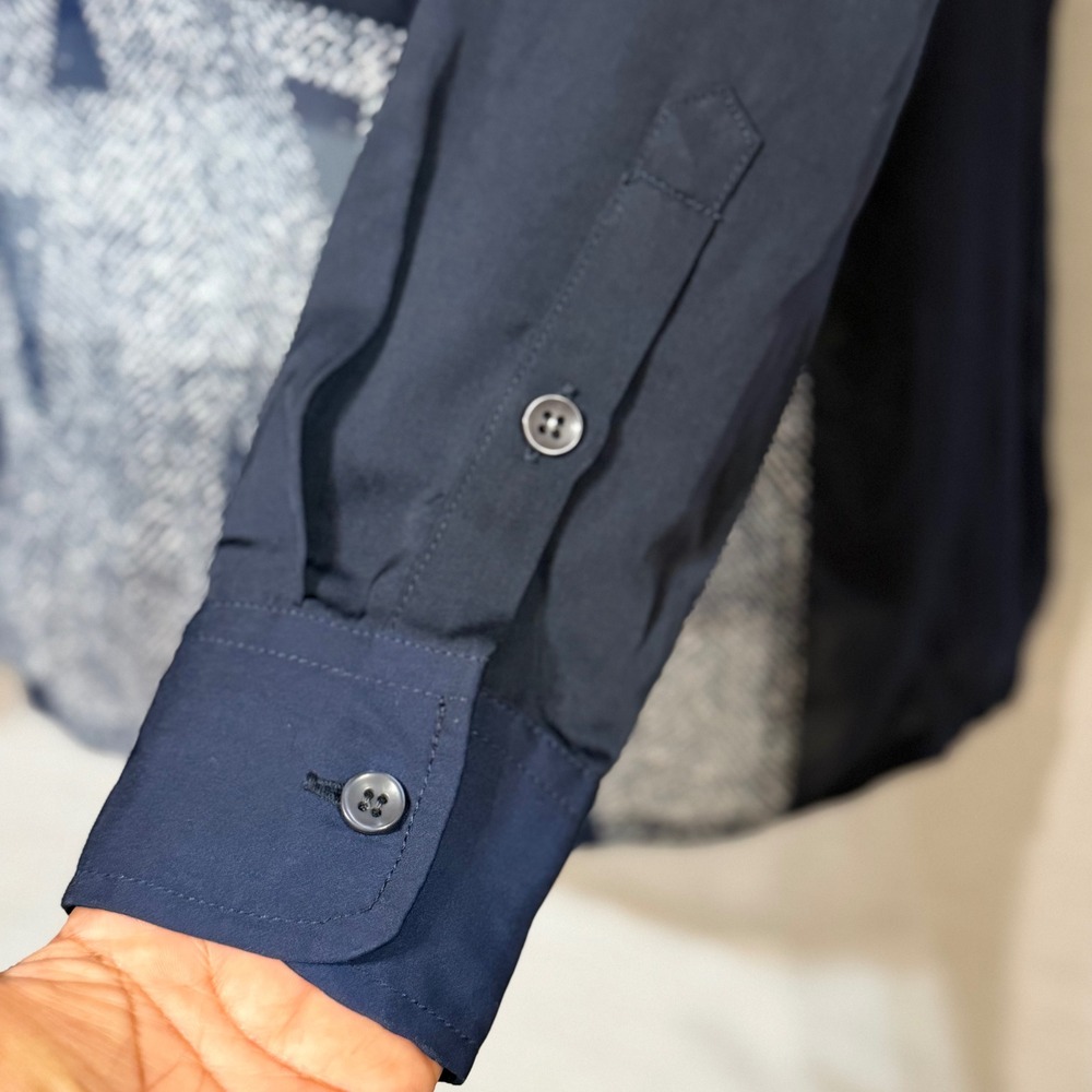 Shades of Grey by Micah Cohen Navy Blue Mixed Media V-Neck Blouse XS SS16 Sample - Picture 4 of 7